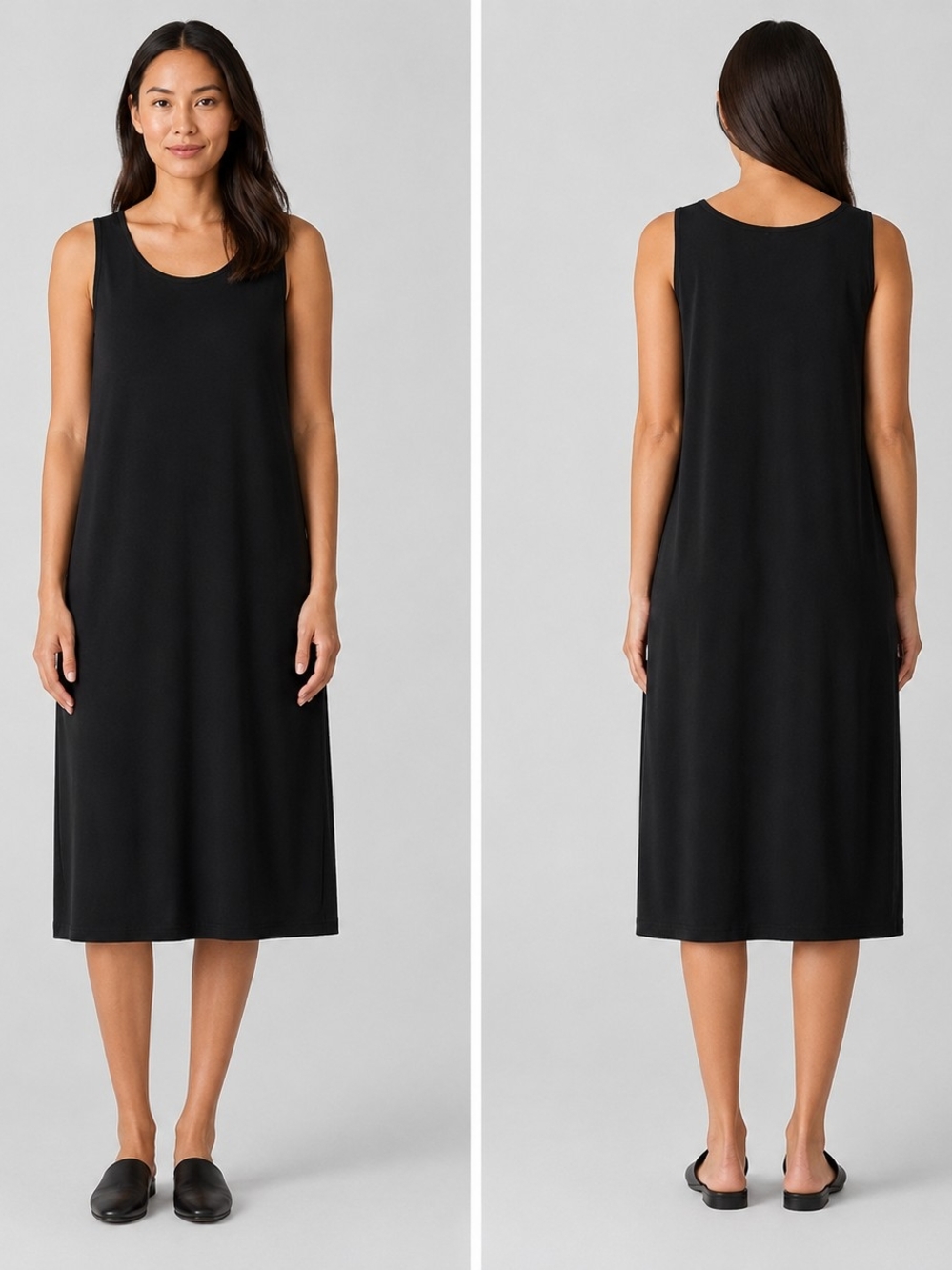 Eileen Fisher Black Organic Cotton Lycra Sleeveless Midi Dress M NWOT